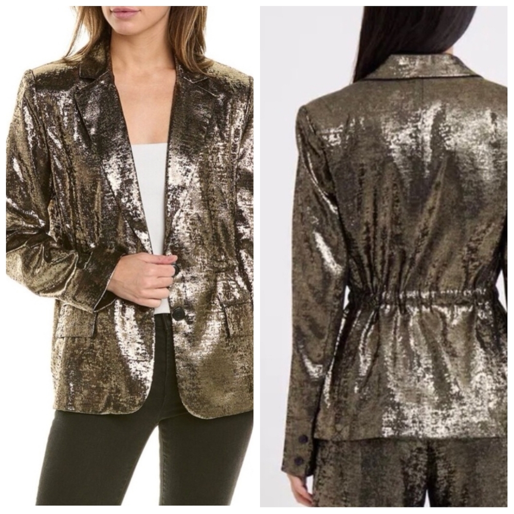 French Connection $179 Alara Metallic Notch Collar Blazer Gold Women's 4 Glam - Picture 3 of 13